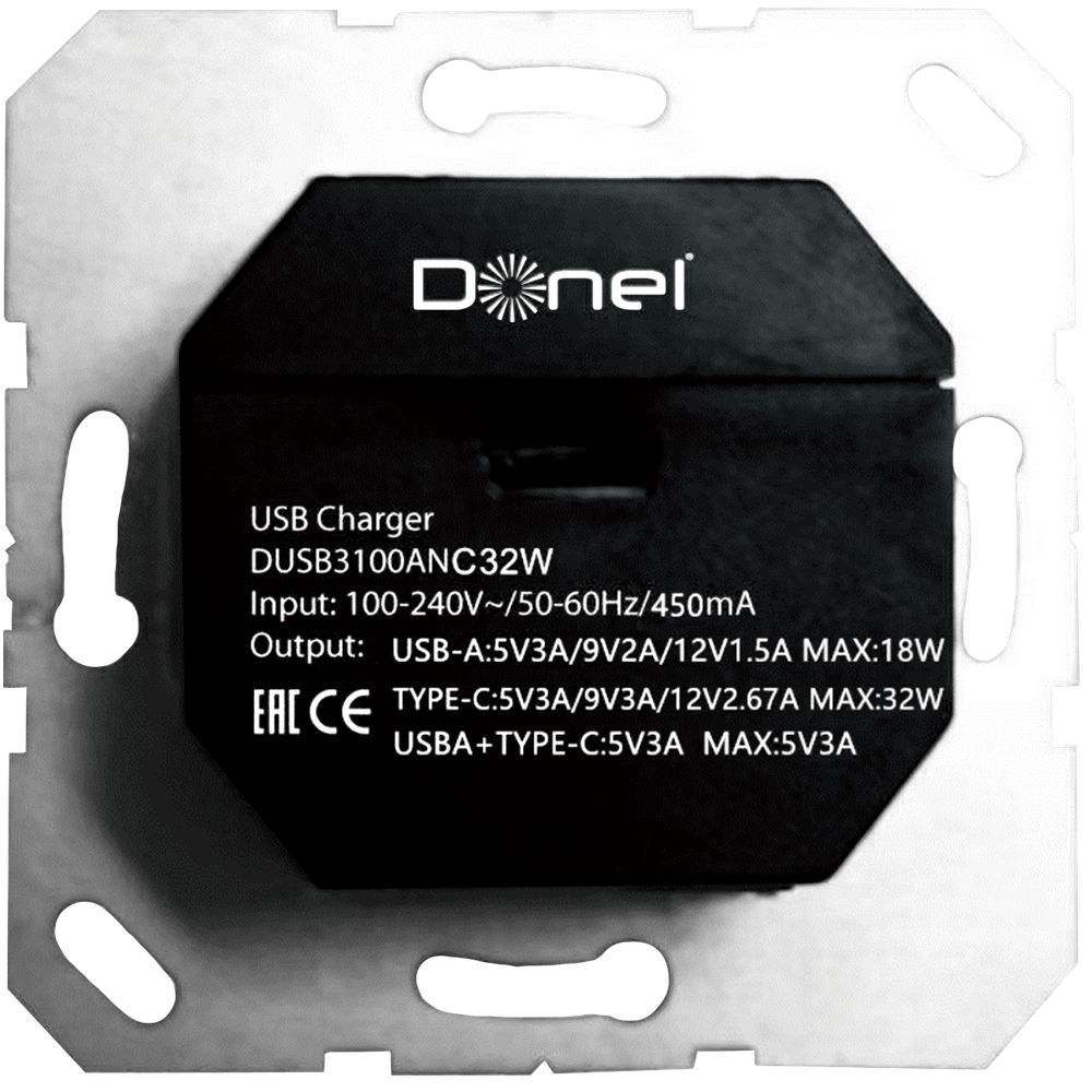USB зарядное устройство, 3.1A тип A:max 18W, тип С:max 32W, черный, серия DUSB