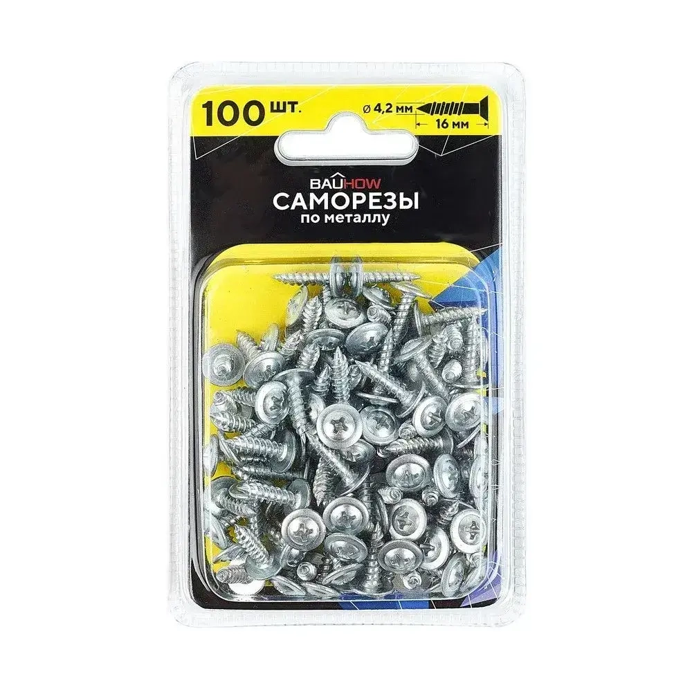 Саморез 4,2x16 по металлу 0,9 мм BAUHOW, оцинкованный 100шт в блистере