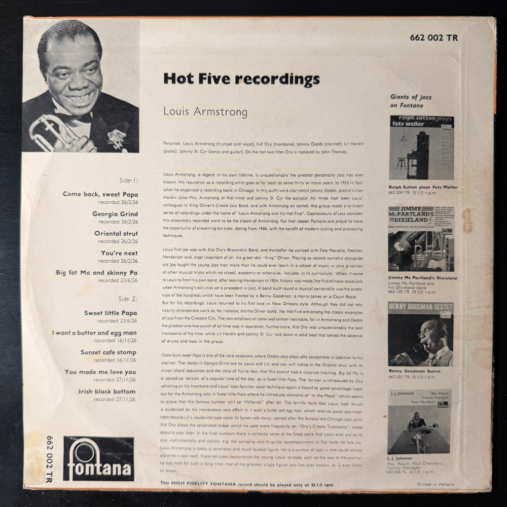 Louis Armstrong ‎– Hot Five Recordings (Голландия) 10" Т