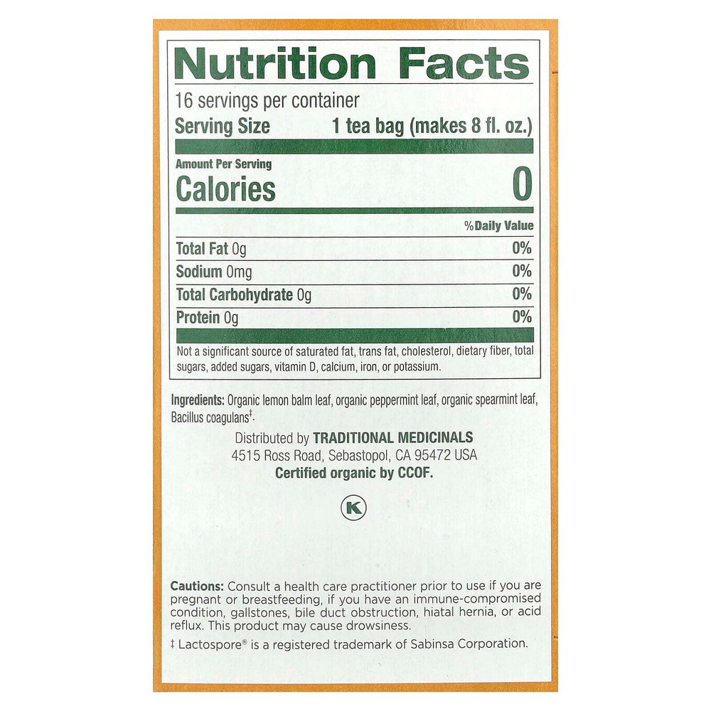 Traditional Medicinals, Organic Herbal Tea, ежедневный пробиотик с тройной мятой, без кофеина, перечная мята, мята колосистая и лимонная мелисса, 16 чайных пакетиков в упаковке, 24 г (0,85 унции)