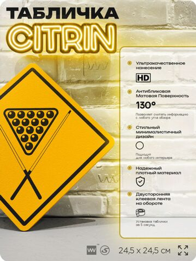 Табличка декоративная "Бильярд" на дверь и стену, спортивная, информационная, декоративный знак, 24,5х24,5 см, пластиковая, Айдентика Технолоджи