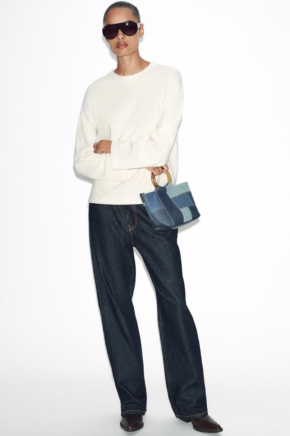 ZARA ФУТБОЛКА С ДЛИННЫМИ РУКАВАМИ, ЖЕЛТОВАТО-БЕЛЫЙ