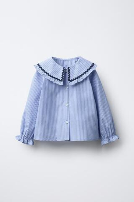 ZARA РУБАШКА С ВОРОТНИКОМ «БОБО» И ВОЛНИСТОЙ КРОМКОЙ, СИНИЙ