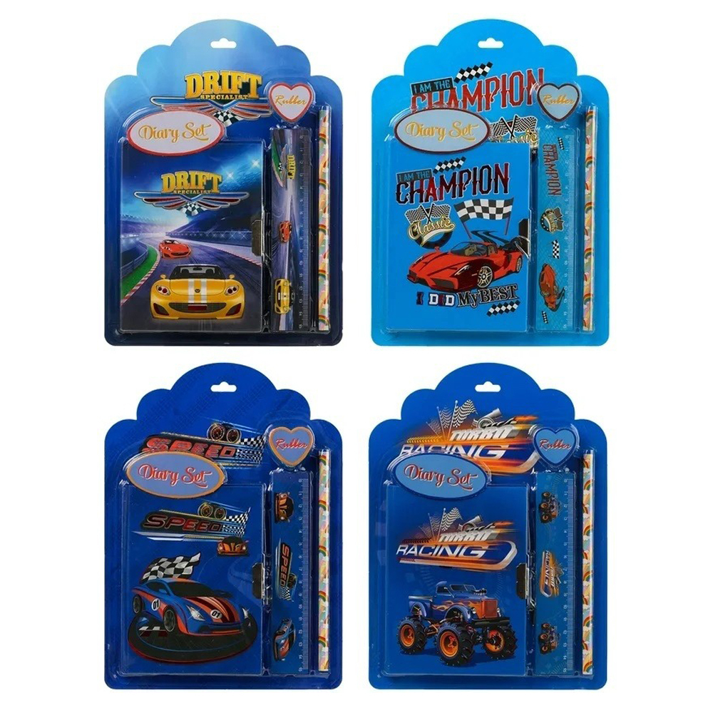 Блокнот детский Basir на замке, с карандашом, линейкой и ластиком, формат А6, серия "Машины", переплет 7БЦ, 15*11 см, 48 листов, ассорти