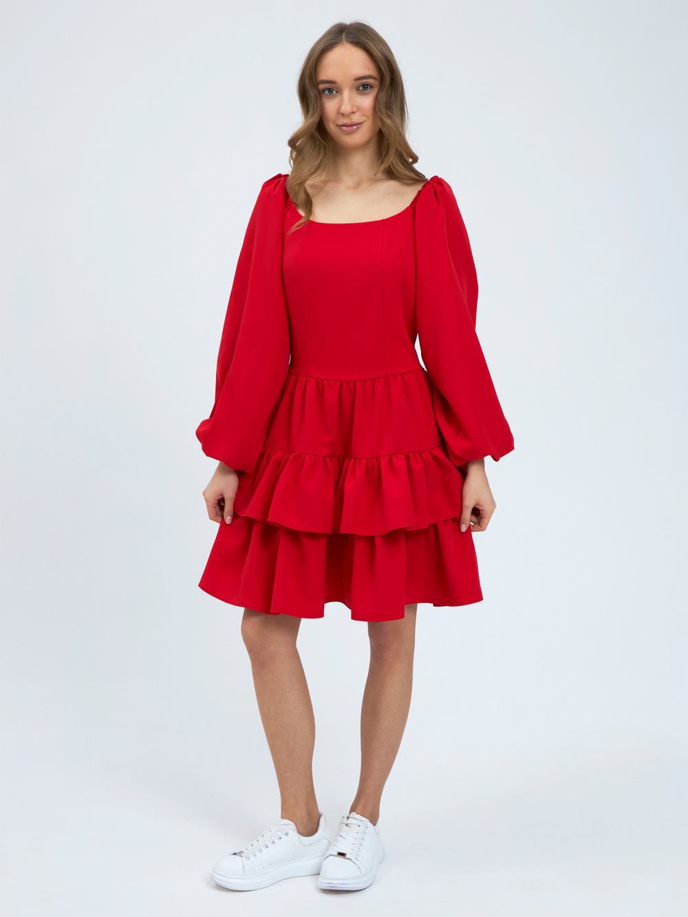 Платье праздничное ярусное с воланами для девочки красное