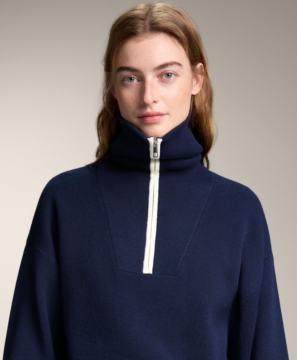 Oysho Свитер с высоким воротником и молнией до уровня груди, синий