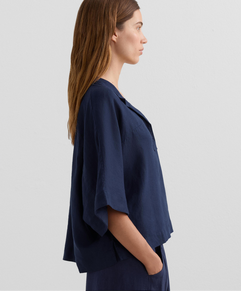 Oysho Рубашка свободного кроя с коротким рукавом из 100% льна, военно-морской