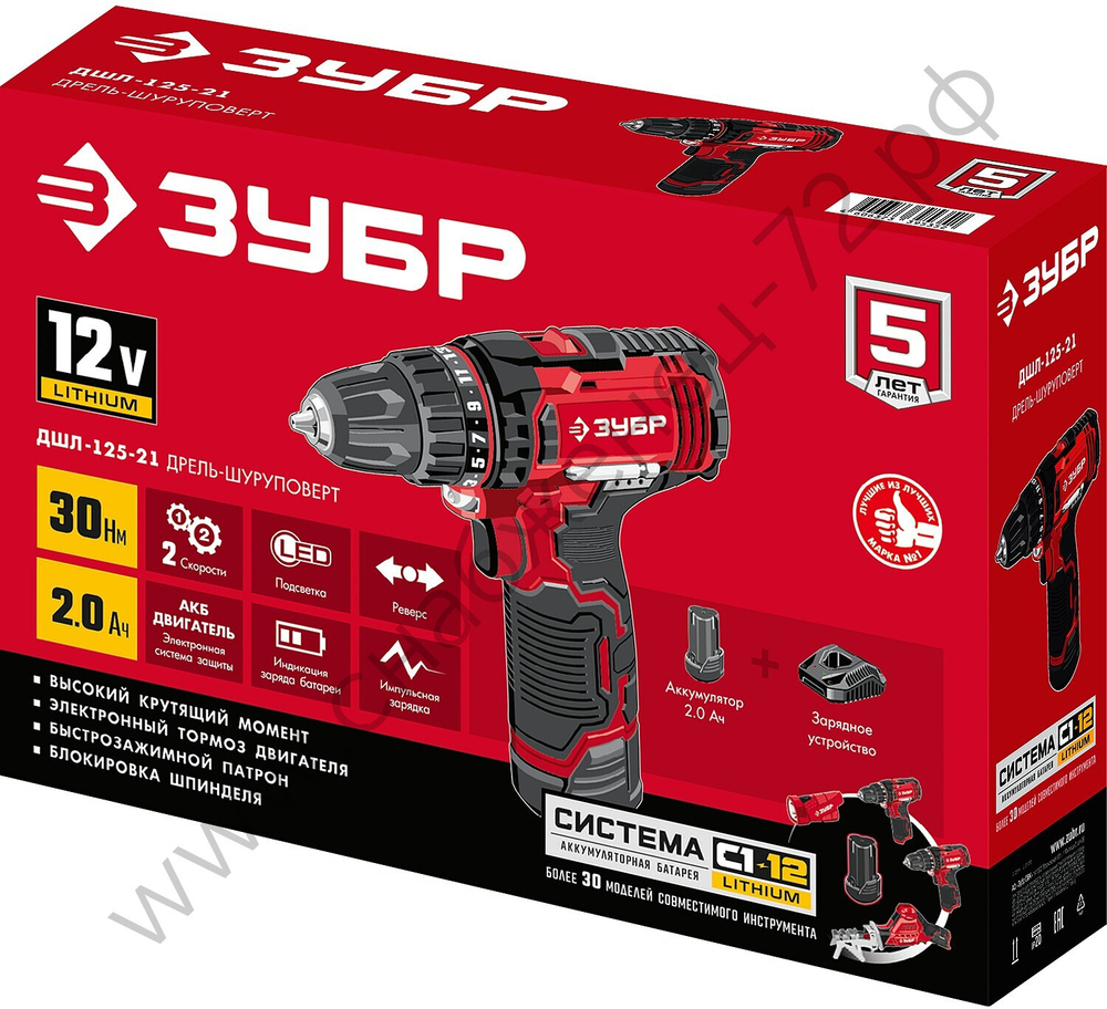 ЗУБР С1-12, 12 В, 30 Н·м, 1 АКБ (2 А·ч), дрель-шуруповерт (ДШЛ-125-21)