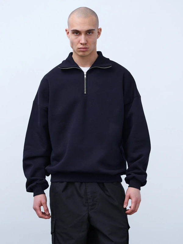 Свитшот с воротником на молнии с начесом (темно-синий)