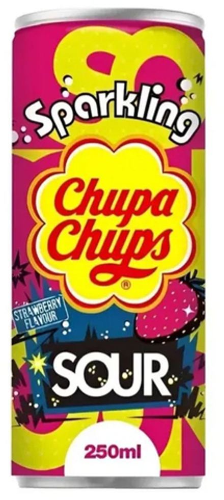 Газированный напиток Чупа Чупс Кислая Клубника / Chupa Chups Sparkling Sour Strawberry 0.25 - банка