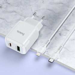 Адаптер питания Hoco N5 Favor dual port PD+QC 3.0 charger с кабелем Lightning to Type-C (USB: 5V max 3.0A/ 20Вт) Белый