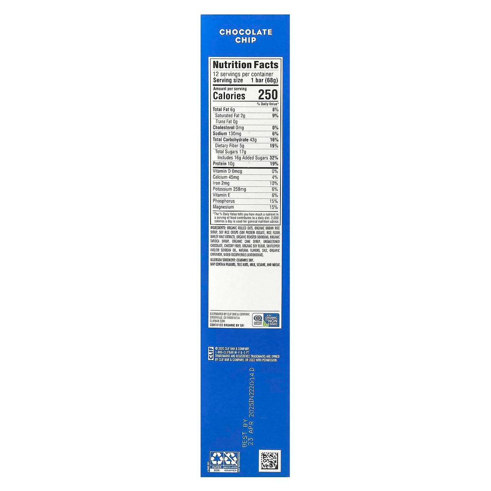 Clif Bar, Энергетический батончик с шоколадной крошкой, 12 батончиков, весом 68 г (2,40 унции) каждый