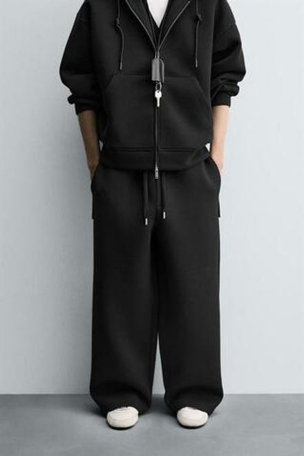 ZARA БРЮКИ INTERLOCK WIDE FIT, ЧЕРНЫЙ