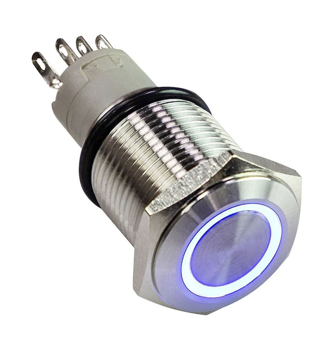 Кнопка без фиксации 12 В 3А, OFF-(ON) 5P, D16 синяя подсветка