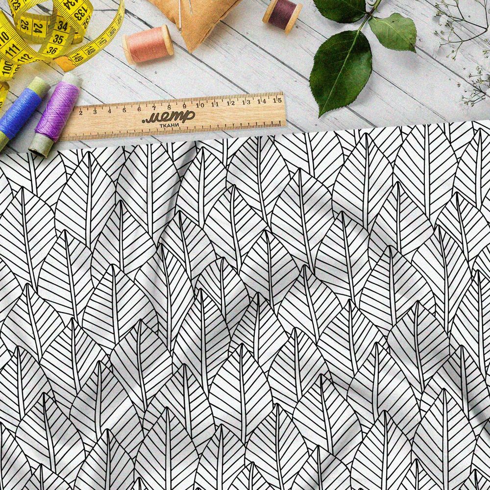 Ткань поплин плотный рисунок чёрно-белых листьев