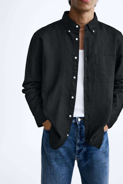 ZARA РУБАШКА ИЗ СМЕСОВОГО ЛЬНА, ЧЕРНЫЙ