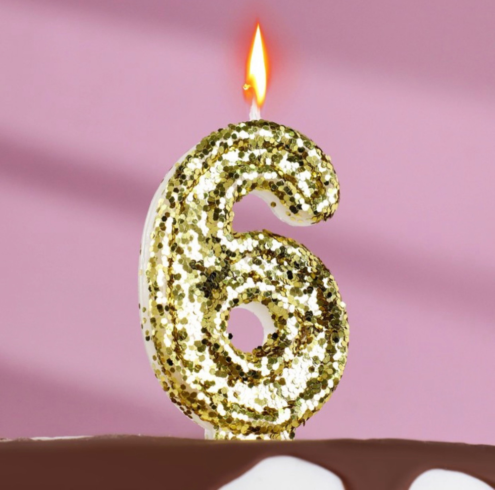 Свеча в торт «Блестки», цифра "6", золото, 5,5 см