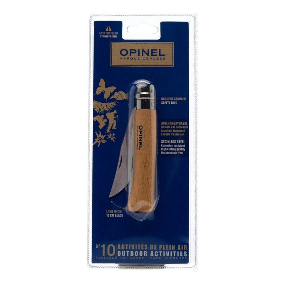 Нож Opinel №10, углеродистая сталь, рукоять из дерева бука, блистер, 000403