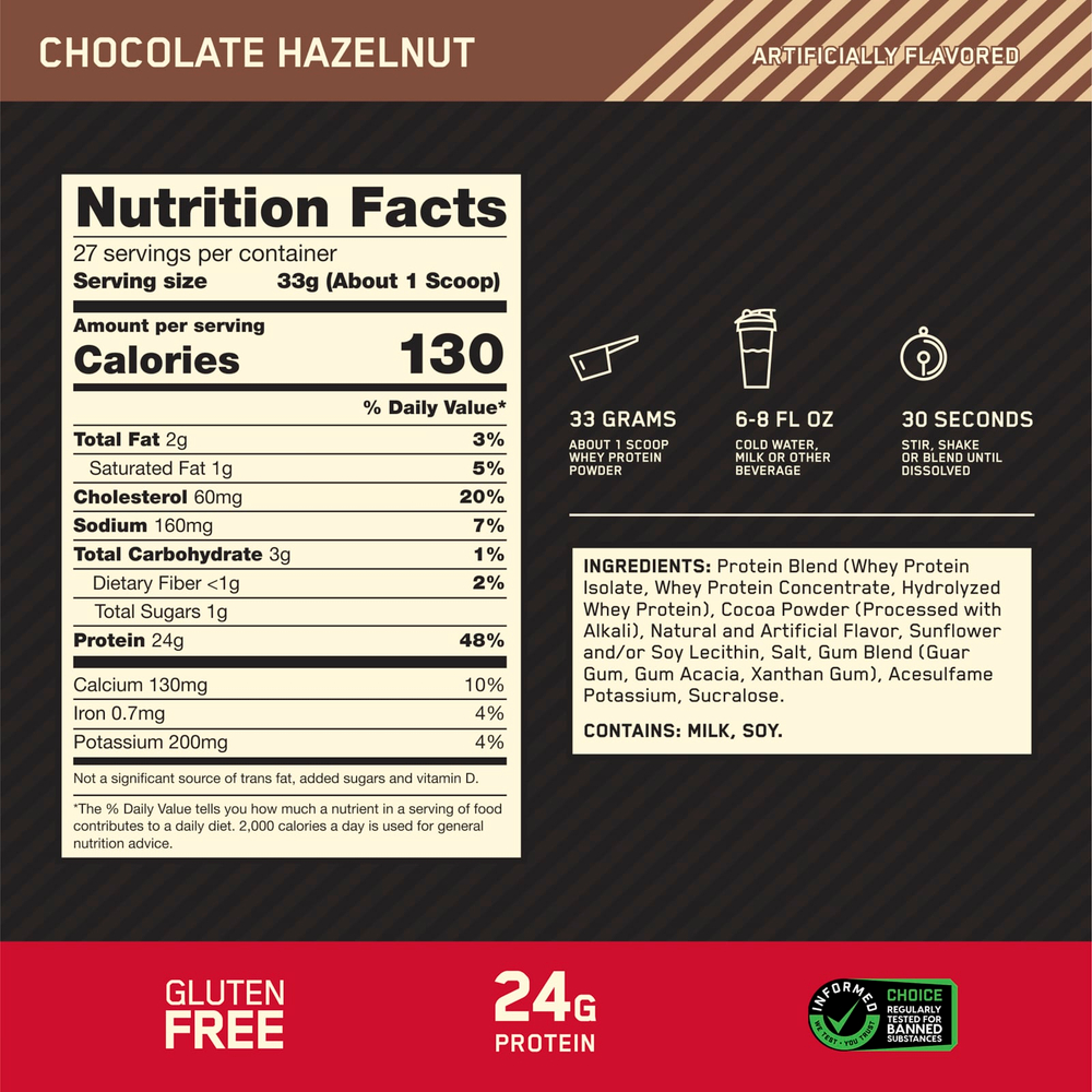 Optimum Nutrition, Gold Standard, 100% сыворотка, со вкусом фундука в шоколаде, 907 г (2 фунта)