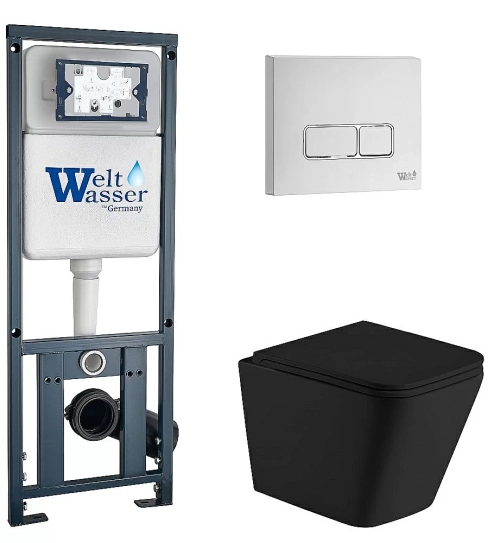 Унитаз подвесной WeltWasser MARBERG 410 + GELBACH 043 MT-BL + MAR 410 SE GL-WT черный матовый, безободковый, с крышкой микролифт, слив-торнадо, с инсталляцией и белой глянцевой кнопкой