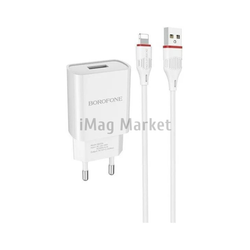 Сетевое зарядное устройство Borofone BA20A, 1 USB-A, 10.5W, 2.1A + кабель Lightning, 1 м, белый