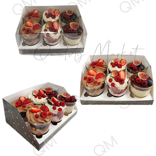 Коробка под капкейки с пластиковой крышкой 235*160*100 мм (6) (коричневая со звездами), 50шт