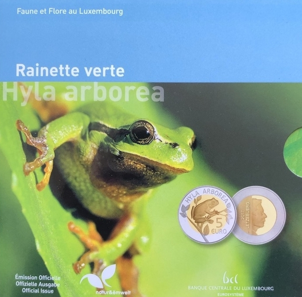ЛЮКСЕМБУРГ, 2017, 5 ЕВРО [HYLA ARBOREA] [БИМЕТАЛЛ: СЕРЕБРО + NORDIC GOLD]