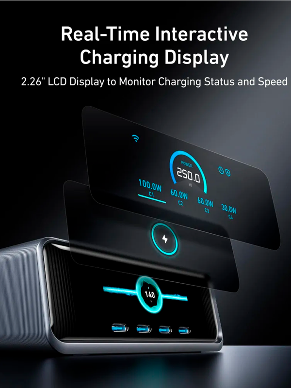 Сетевая зарядная станция Anker Prime GaN 250W, USB-C, ультрабыстрая 6-портовая зарядная станция Серая