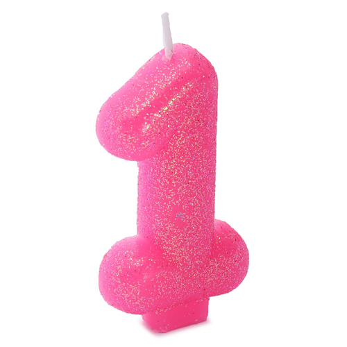 Свеча -цифра "1" Блестящая розовая