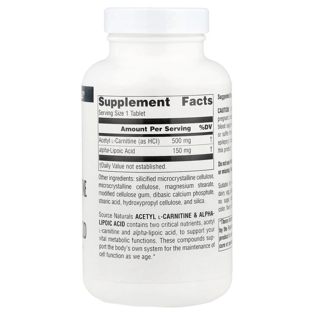 Source Naturals, Ацетил L-карнитин и альфа-липоевая кислота, 650 мг, 120 таблеток