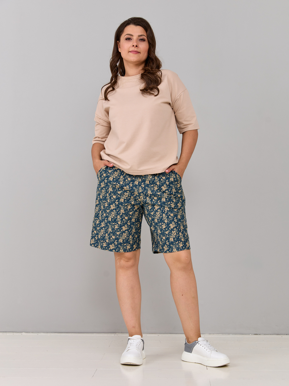 Шорты Н-147/джинсиндиго-цветыбежевые