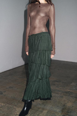 ZARA ЮБКА МИДИ С ВОЛАНАМИ — ZW COLLECTION, ТЕМНО-ЗЕЛЕНЫЙ