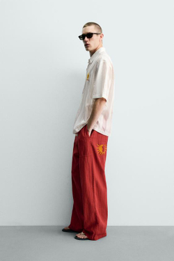 ZARA БРЮКИ RELAXED FIT В ПОЛОСКУ, КРАСНЫЙ
