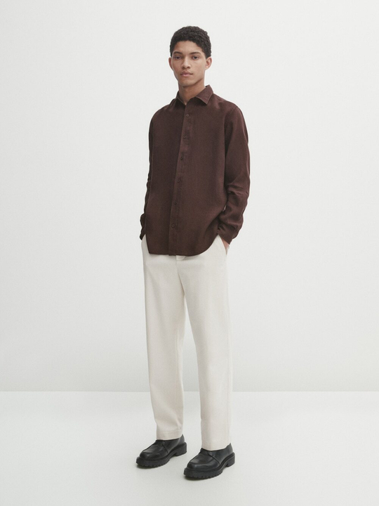 Massimo Dutti Рубашка классического кроя из 100% льна, бордо