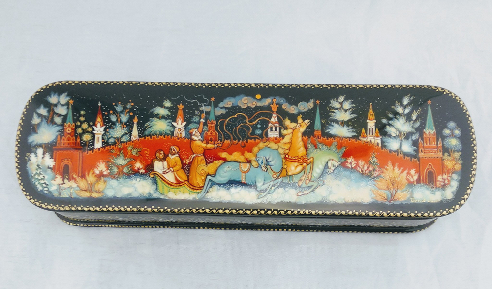Шкатулка Палех  под ручку "Тройка. Зимние гуляния" Худ. Быкова 20×6см