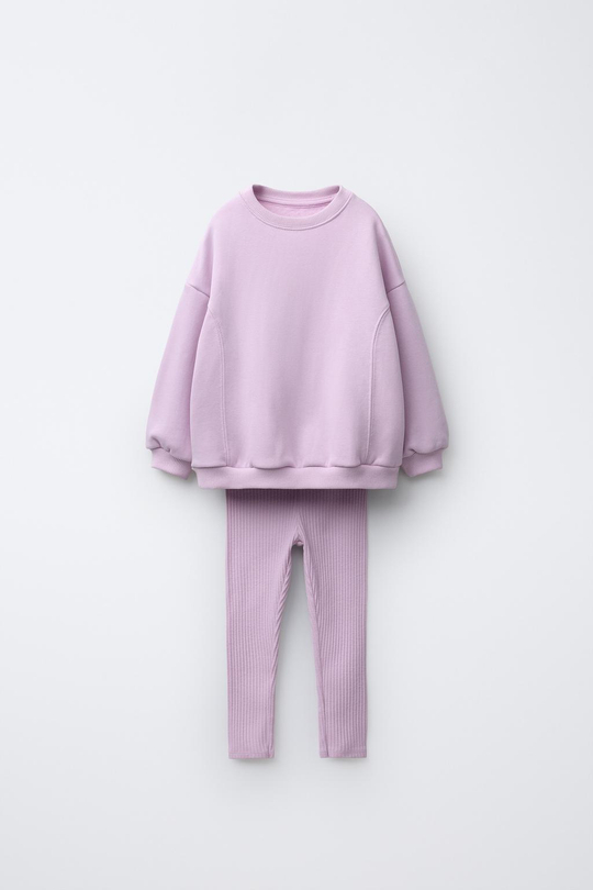 ZARA КОМПЛЕКТ С ТОЛСТОВКОЙ С БАНТОМ И ЛЕГИНСАМИ В РУБЧИК, СВЕТЛАЯ МАЛЬВА