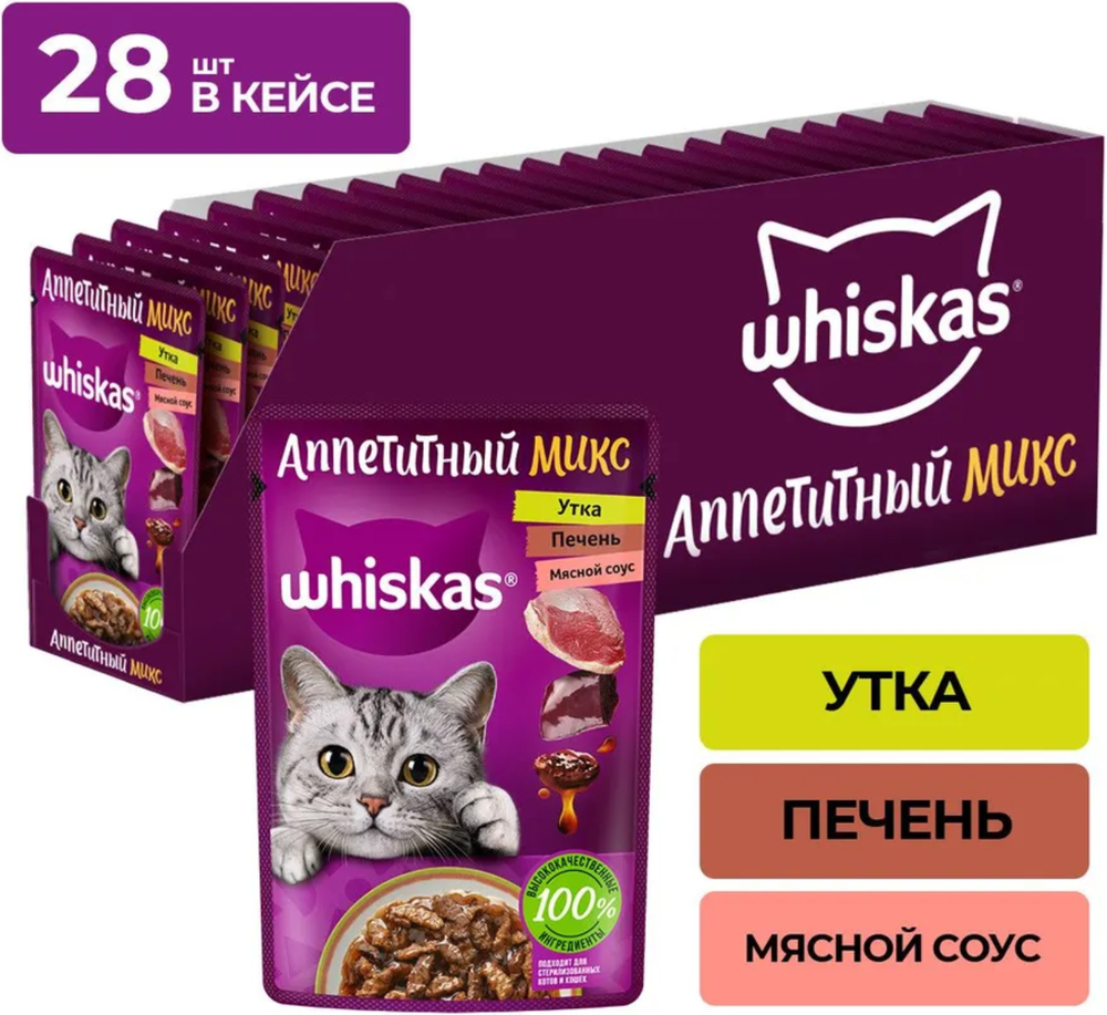 Whiskas Аппетитный микс Утка, Печень, Мясной соус 75г.*28шт.