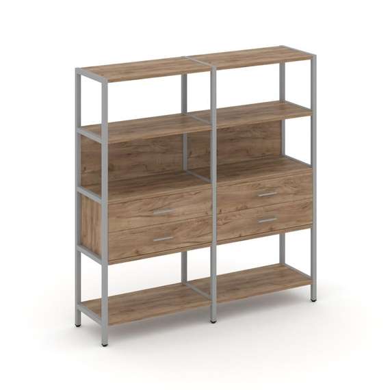 Shelf System Двухсекционный стеллаж четырехярусный с ящиками SN.STM-422 Дуб Табак/Металл Серый 1590*
