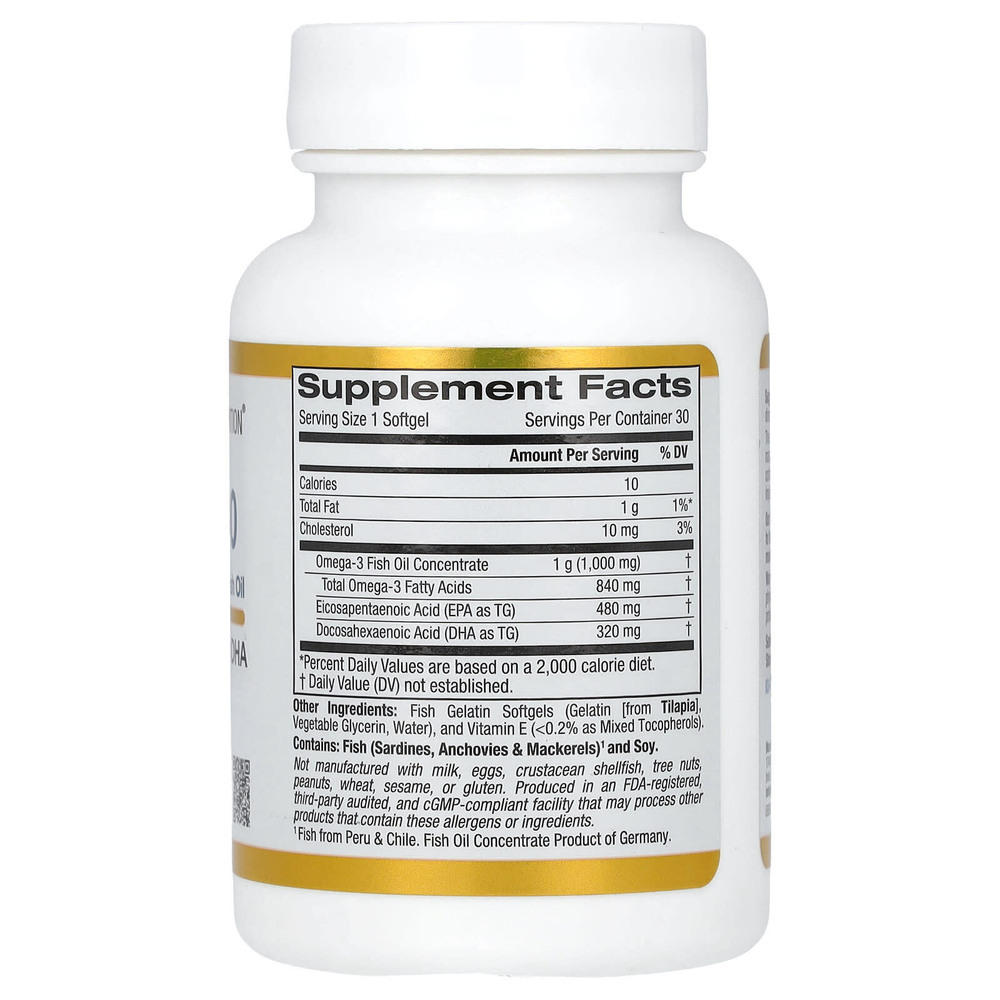 California Gold Nutrition, Omega 800 ультраконцентрированный рыбий жир с омега-3, в форме триглицеридов KD-pur, 30 капсул из рыбьего желатина (1000 мг в 1 капсуле)