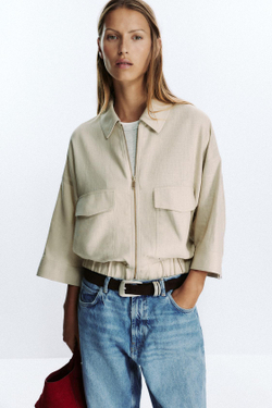 ZARA КУРТКА САФАРИ ИЗО ЛЬНА, ПЕСОЧНЫЙ