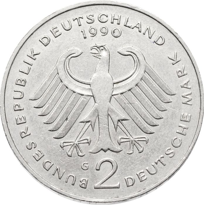2 марки 1990 Германская «Франц Йозеф Штраус, 40 лет Федеративной Республике (1949-1989)»