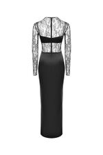 Платье макси драпированное из атласа и кружева с закрытым лифом