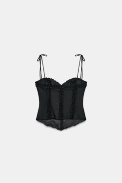 ZARA ТОП ИЗ ПОПЛИНА В ГОРОШЕК С ВОЛАНАМИ, ЧЕРНЫЙ