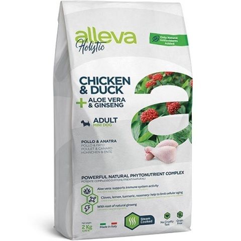 Alleva Holistic Chicken & Duck + Aloe vera & Ginseng Mini сухой корм для взрослых собак мелких пород с курицей уткой алоэ вера и женьшенем