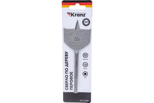 Сверло перовое по дереву 55*152 мм шестигранный хвостовик KRANZ
