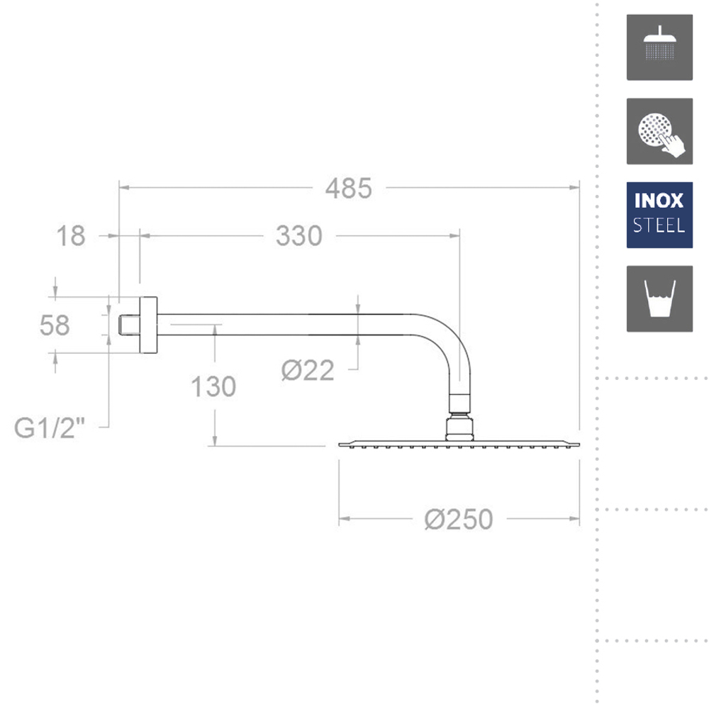 Тропический душ настенный круглый нерж. сталь BHRM250