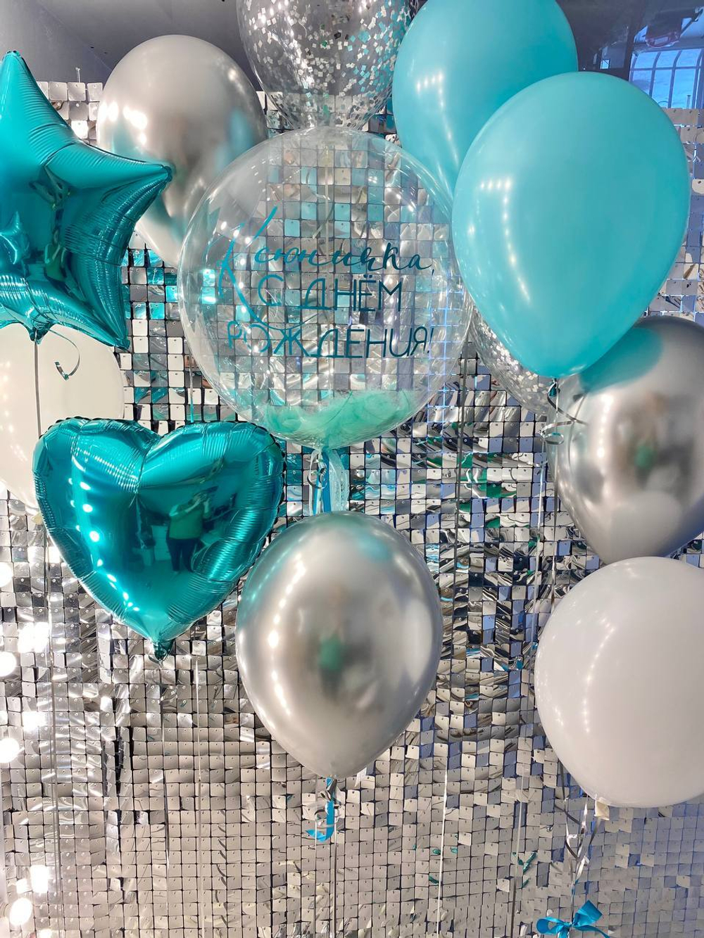 Воздушные шары бирюзовые/ шар с перьями на грузиках №41