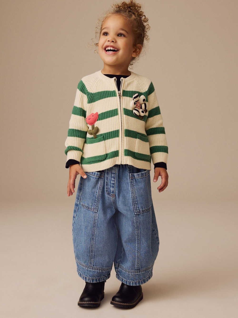 Кардиган вязаный на молнии для девочки Next E25-152, Молочный, Зеленый