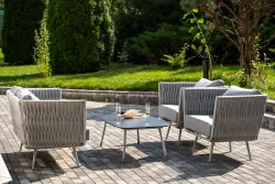 "Монако" лаунж-зона 4-местная из роупа со столом "Верона" (серый гранит), каркас светло-серый, роуп светло-серый