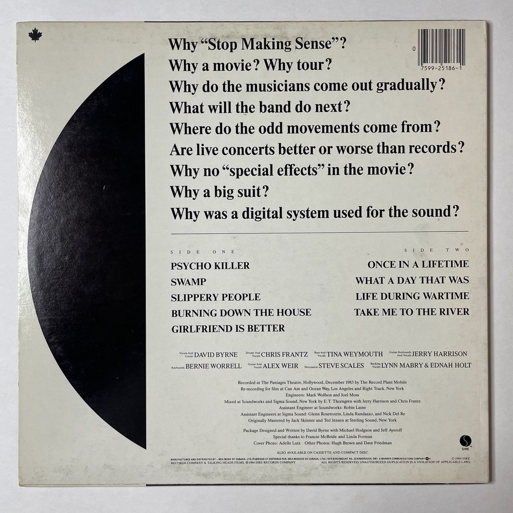 Винтажная виниловая пластинка LP Talking Heads Stop Making Sense (Canada 1984)